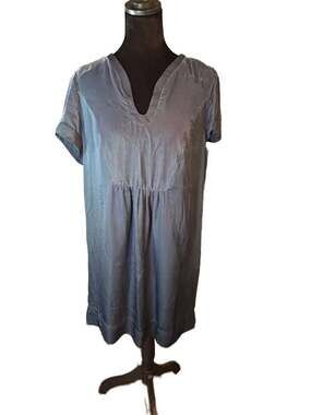 Forest Lily Blue Sateen Shift Dress V-Neck Short Sleeve Size 4